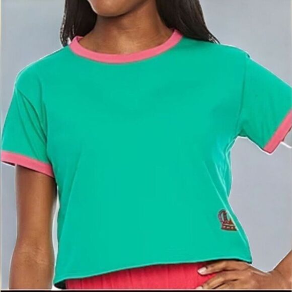 Juicy Couture RAINBOW Glitter T-SHIRT Size 2X KELLY Green CROWN Irridescent CROP - Picture 2 of 3